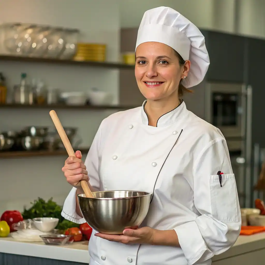 Smiling female chef in a white uniform and hat holding a mixing bowl and wooden spoon in a modern kitchen.
