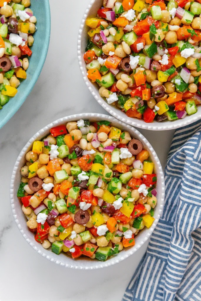 Seasonal dense bean salad with chickpeas, roasted vegetables, and herbs in a rustic ceramic bowl