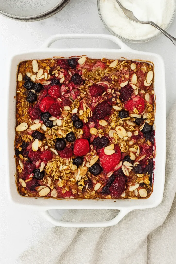 berry‑baked oatmeal in rustic dish