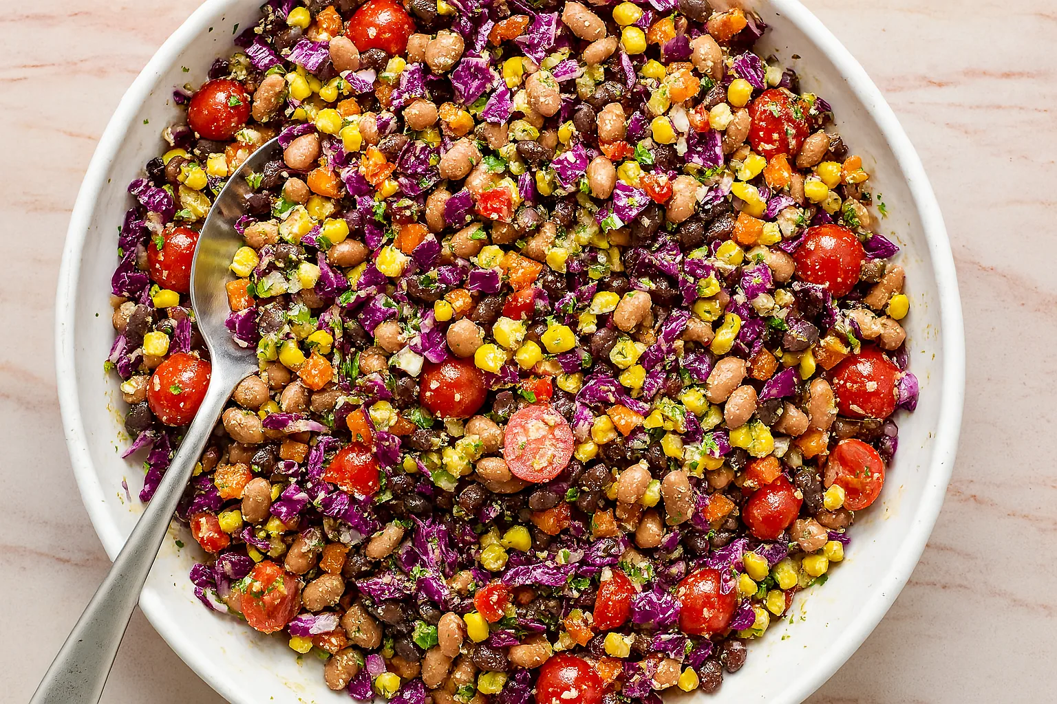 Dense Bean Salad in rustic bowl