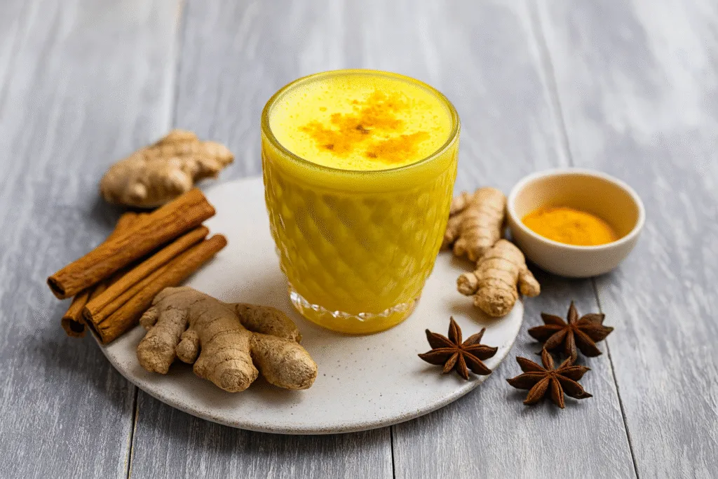 Ginger‑turmeric wellness shot on rustic table