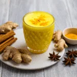 Ginger‑turmeric wellness shot on rustic table