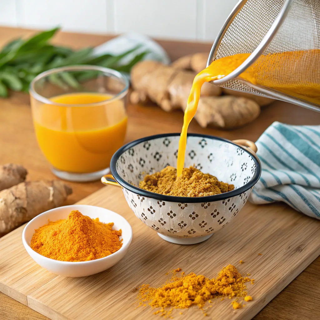 Straining ginger-turmeric shot