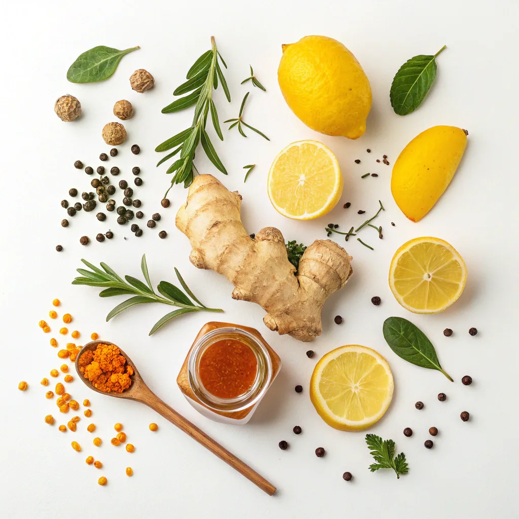 Ginger turmeric shot ingredients flat lay